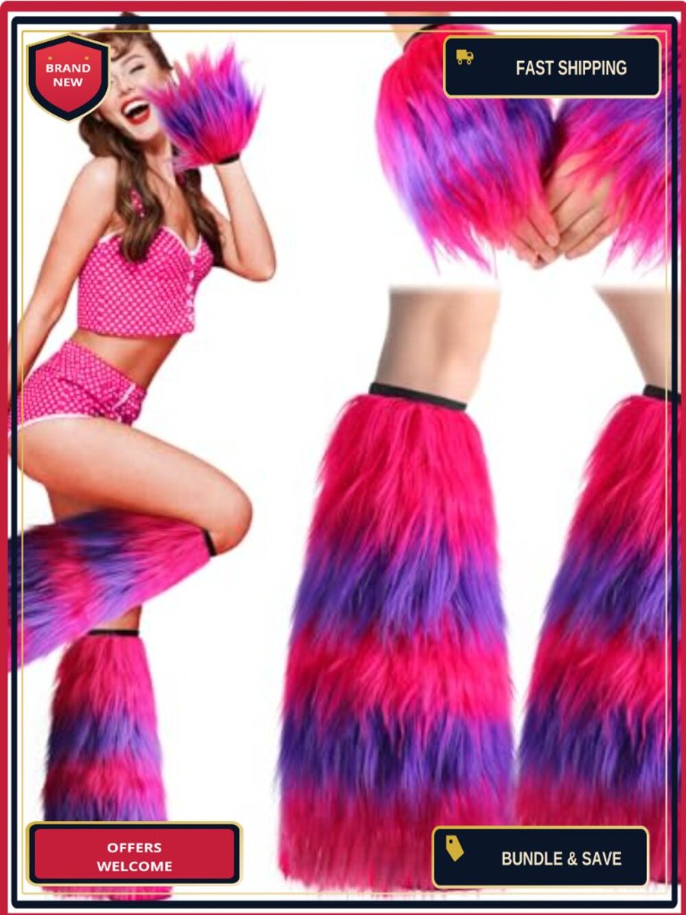 Faux Fur Striped Cat Costume Accessory Set Leg Warmers Gloves Halloween